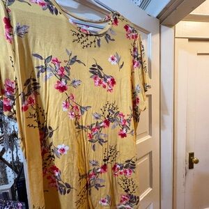 Yellow Floral Short Sleeve Tee with Pink Blooms